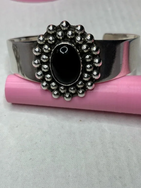 VTG - Mexican 925 ONYX Cuff Bracelet - Picture 1 of 6